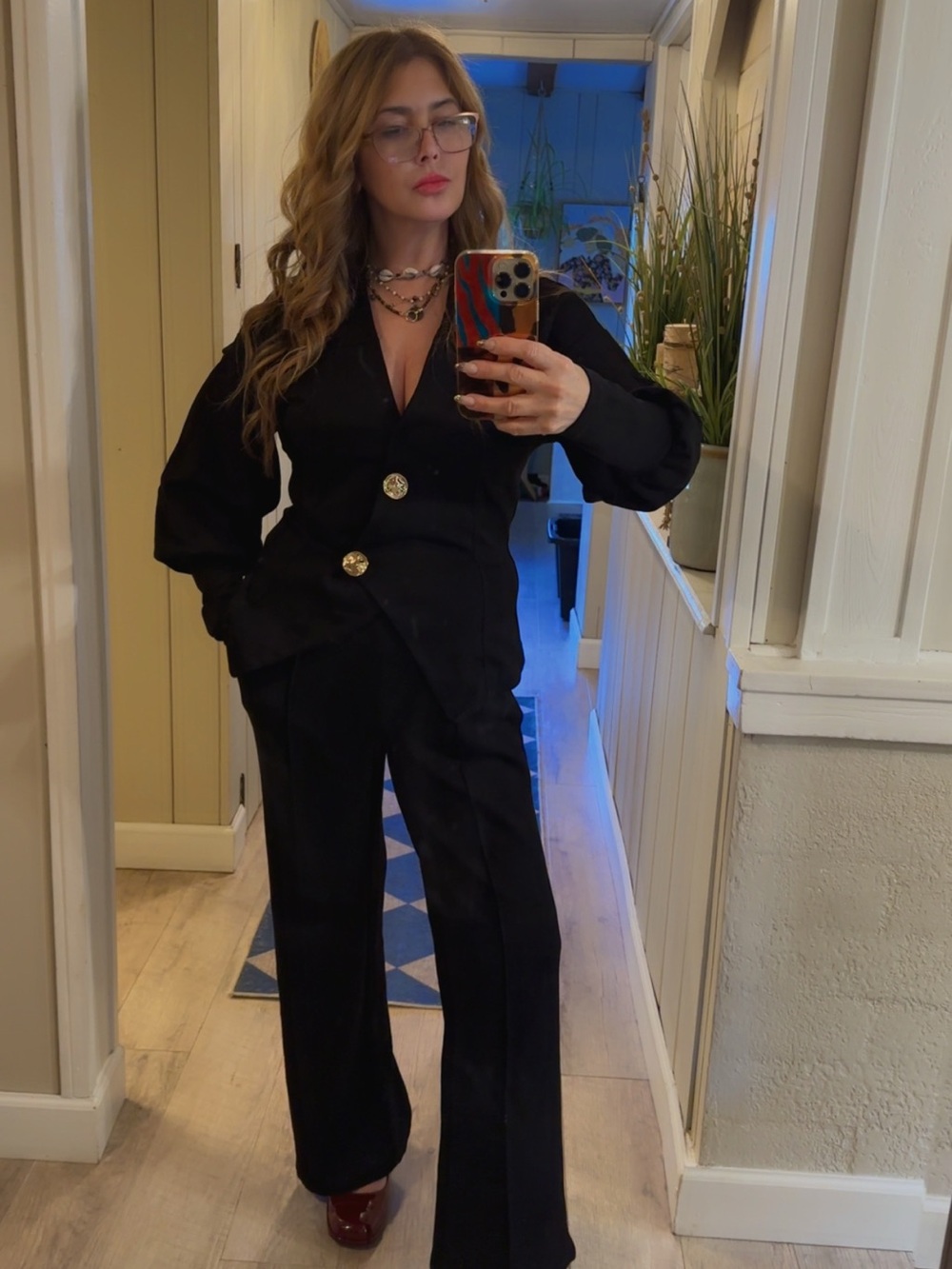 Black 2 Piece Pants Set Small Blazer Top Wide Leg Gold Button Suit NWOT